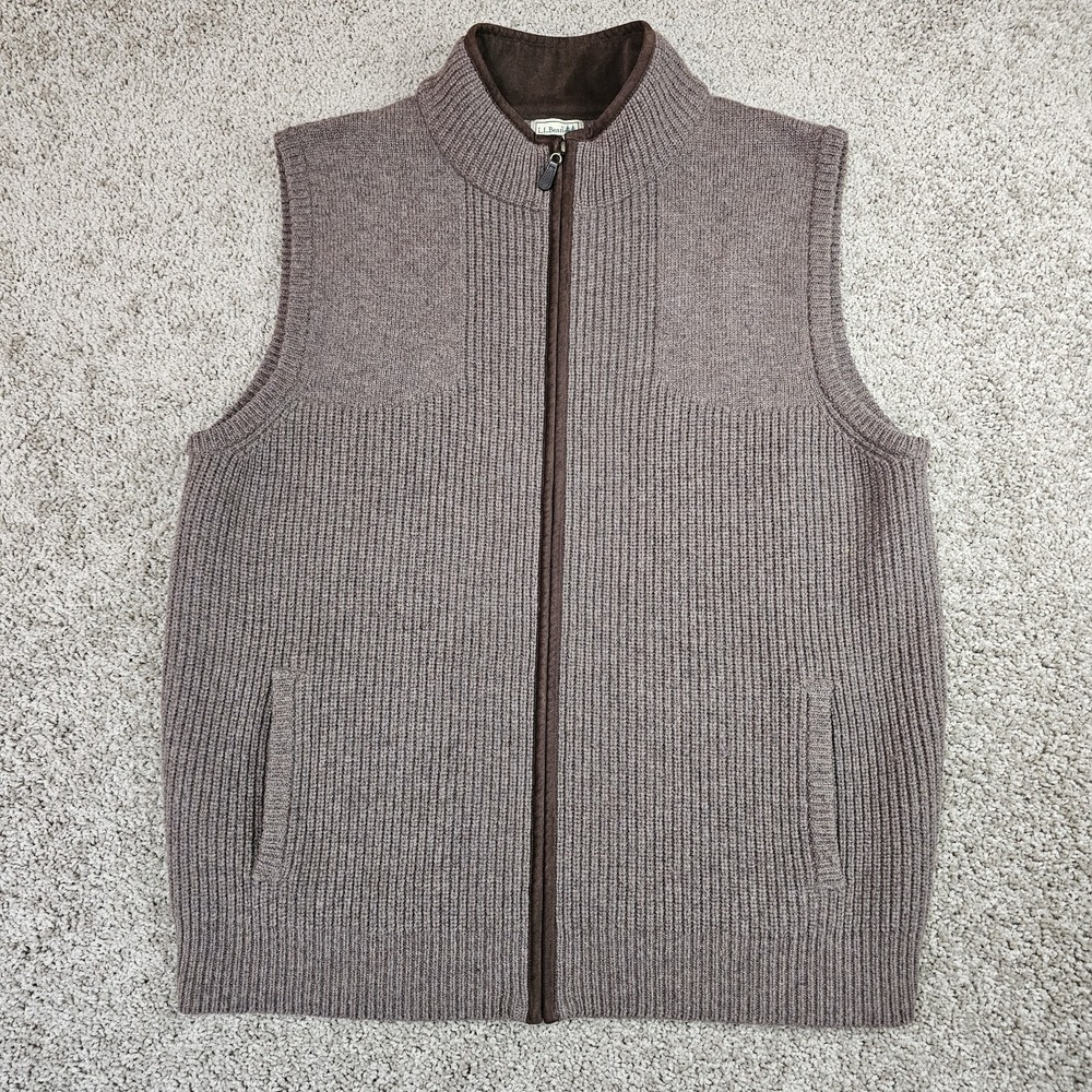 LL Bean Sweater Vest Mens XL 100% Merino Lambs Wool Full Zip Jacket Brown